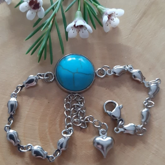 Tulipános nemesacél karkötő 14 mm-es valódi türkiz medállal	